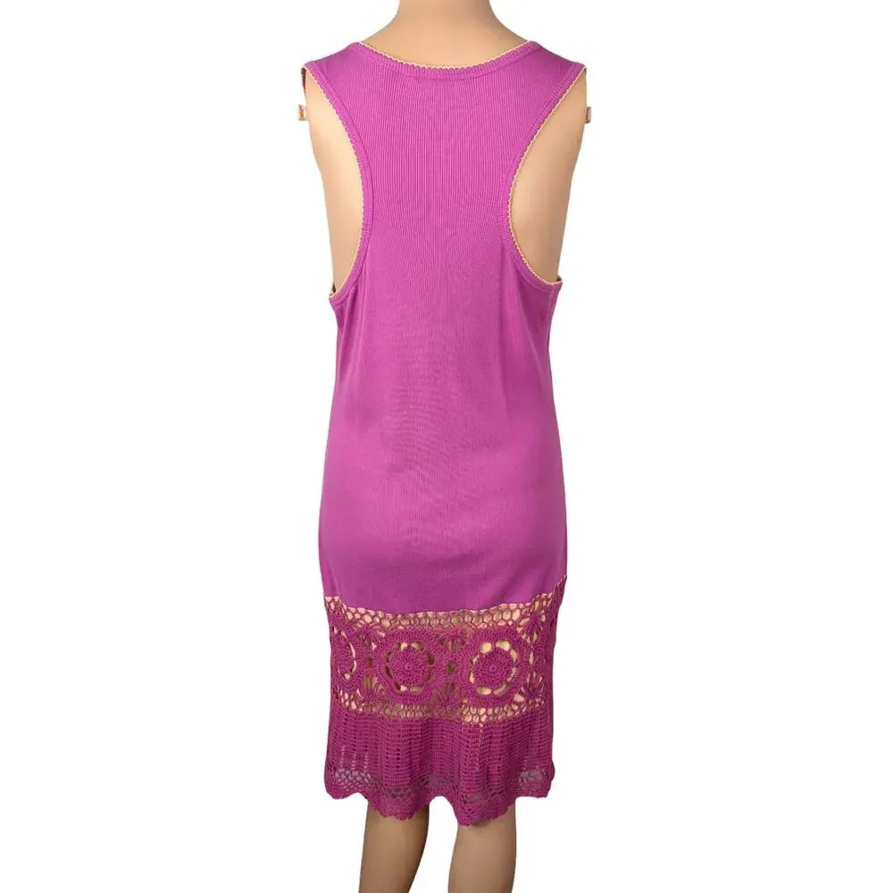 Vintage Y2K Moda International Crochet Knit Dress S Beige Ribbed Cotton Fairy